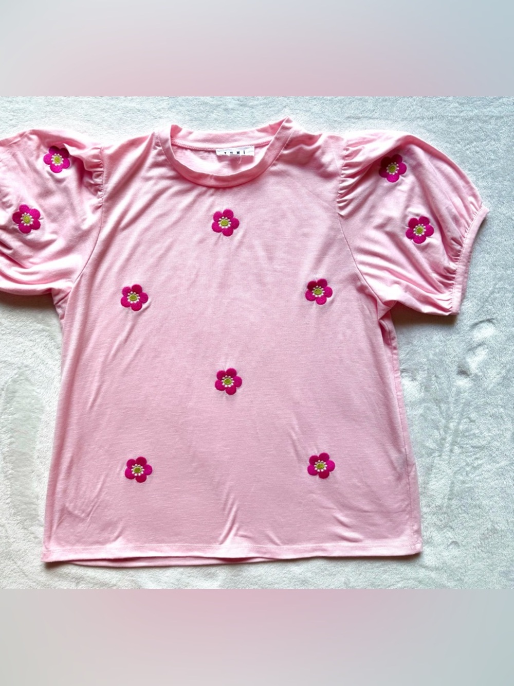 THML Pink Puff-Sleeve Tee with Hot Pink Embroidered Flowers